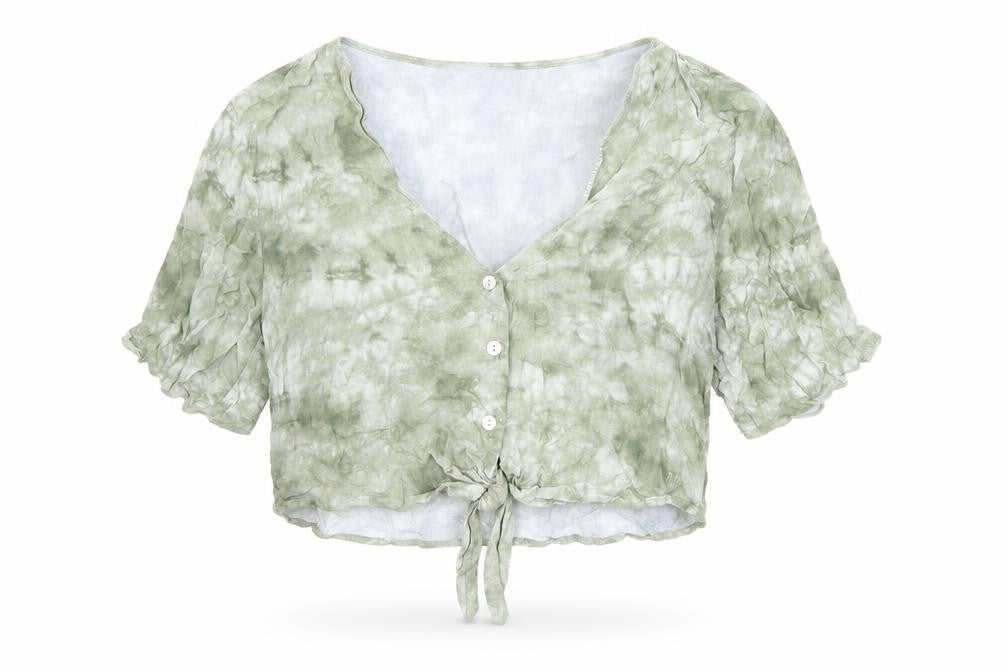 Pull&Bear Womens Green Geometric Viscose Cropped Button-Up Size S V-Neck