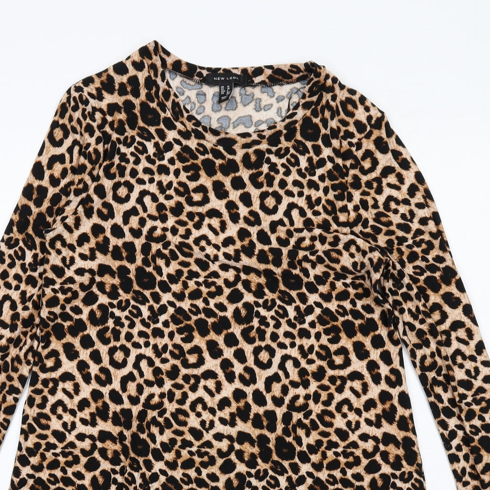 New Look Womens Brown Animal Print Polyester Ball Gown Size 10 Round Neck Pullover - Leopard pattern