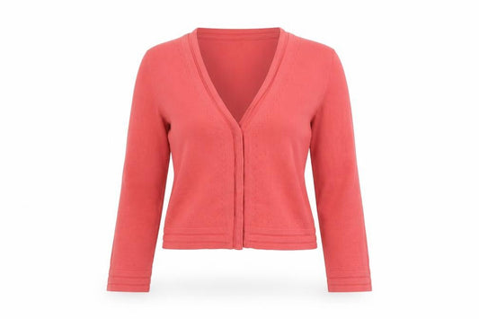 Front view of French Connection women’s pink v-neck 100% cotton cardigan jumper, size XS