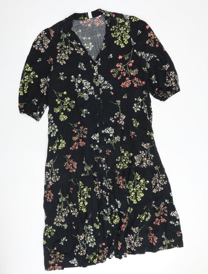 Additional front view of And/Or women’s black floral polyester a-line, size UK 10, v-neck button