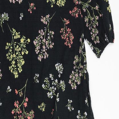 Brand and care label for And/Or women’s black floral polyester a-line, size UK 10, v-neck button