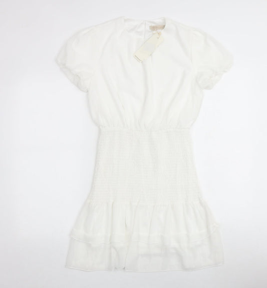 Voyelles Womens White Polyester Mini Size M Round Neck Button