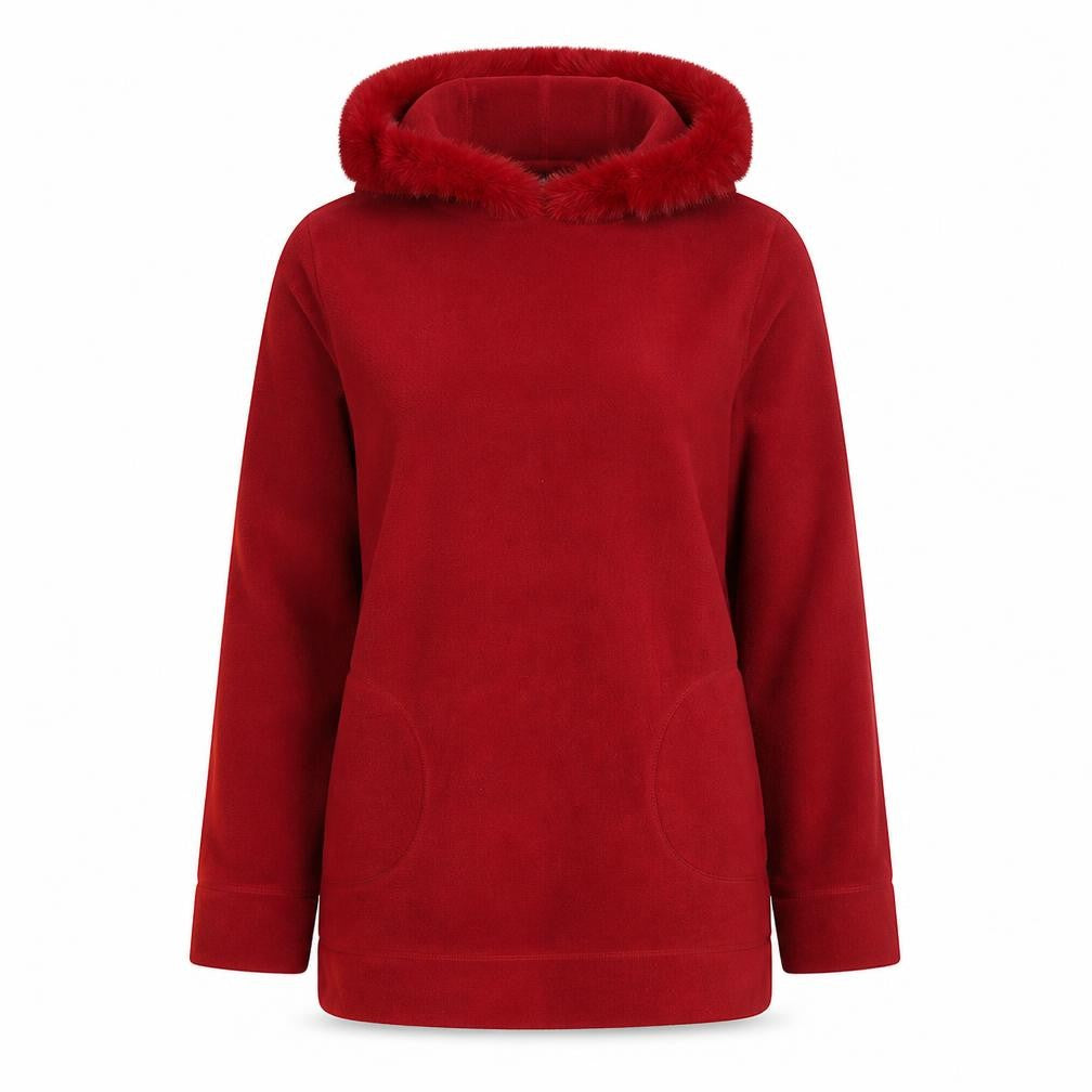 NAF NAF Womens Red Polyester Pullover Hoodie Size M Pullover - Fur Hood Pockets Elbow Patches