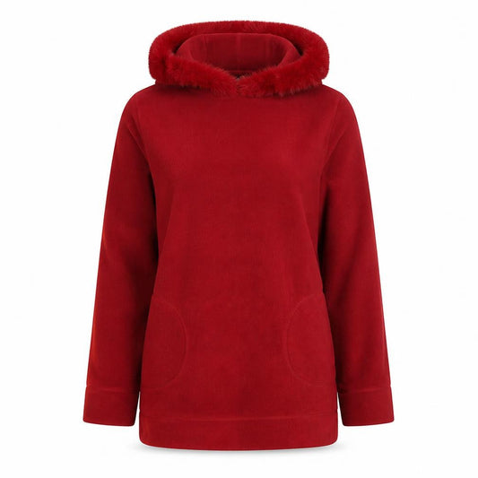 NAF NAF Womens Red Polyester Pullover Hoodie Size M Pullover - Fur Hood Pockets Elbow Patches