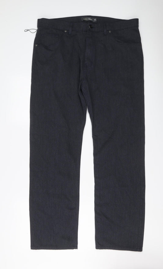 Marks and Spencer Womens Blue Cotton Trousers Size 38 L31 in Regular Button