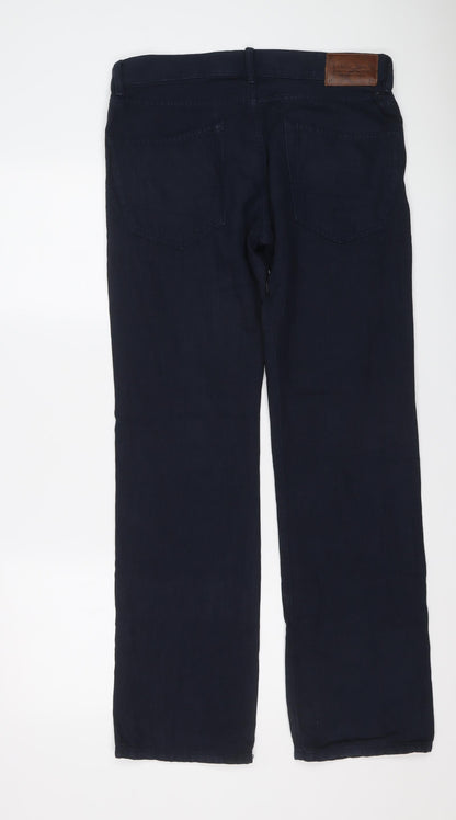 Back view of ESPRIT men’s blue cotton straight jeans, size 30, in, 32-inch leg regular button