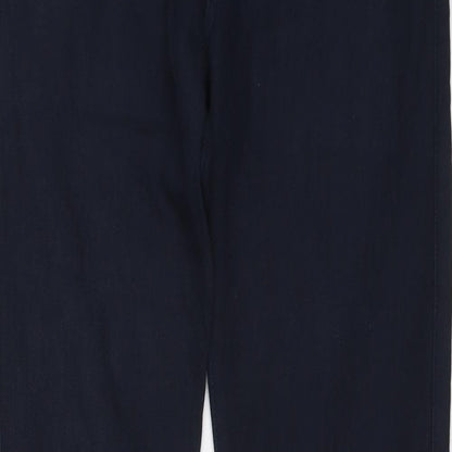 Close-up detail of ESPRIT men’s blue cotton straight jeans, size 30, in, 32-inch leg regular button