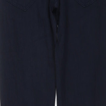 Brand and care label for ESPRIT men’s blue cotton straight jeans, size 30, in, 32-inch leg regular button