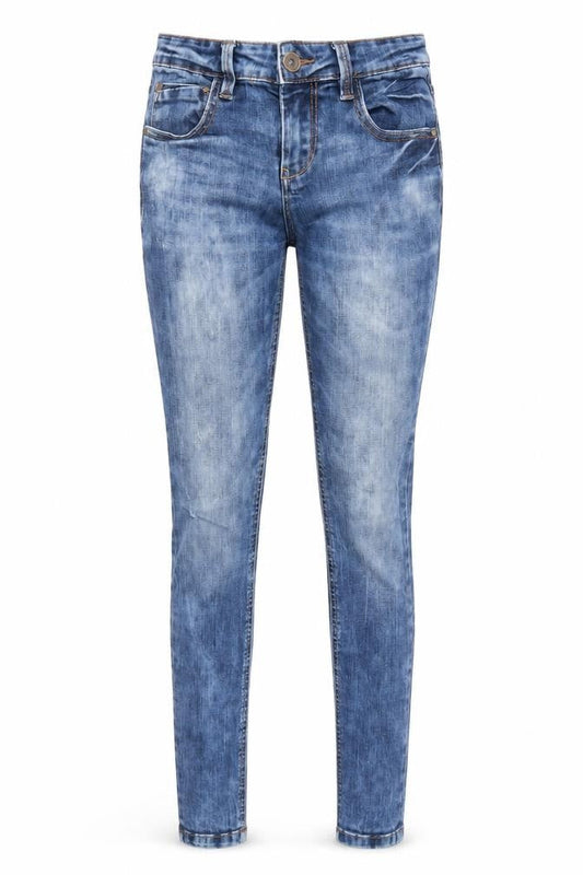 Front view of Denim & Co. women’s blue cotton skinny jeans, size UK 6, regular zip
