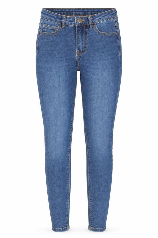 Front view of Denim & Co. women’s blue cotton skinny jeans, size UK 8, regular zip - waist 21-inch
