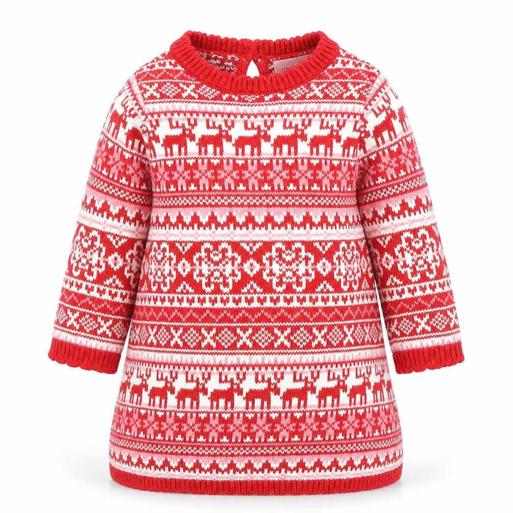 NEXT Girls Red Fair Isle Cotton Jumper Dress Size 3-6 Months Crew Neck Button