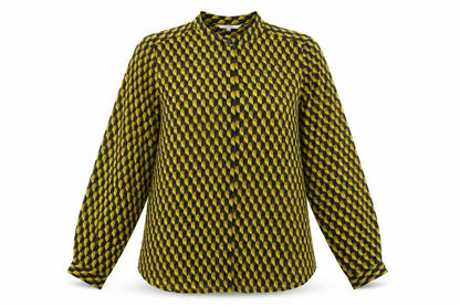 Sandwich Womens Yellow Geometric Polyester Basic Button-Up Size 8 Round Neck