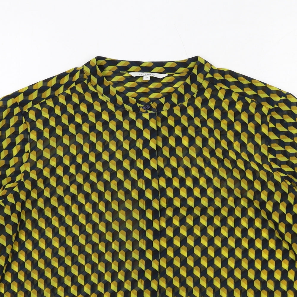 Sandwich Womens Yellow Geometric Polyester Basic Button-Up Size 8 Round Neck