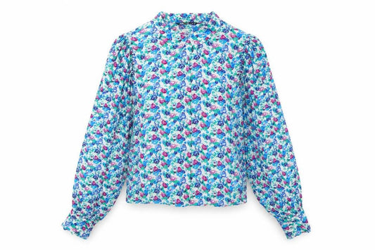 Zara Womens Multicoloured Geometric Viscose Basic Button-Up Size XL Round Neck
