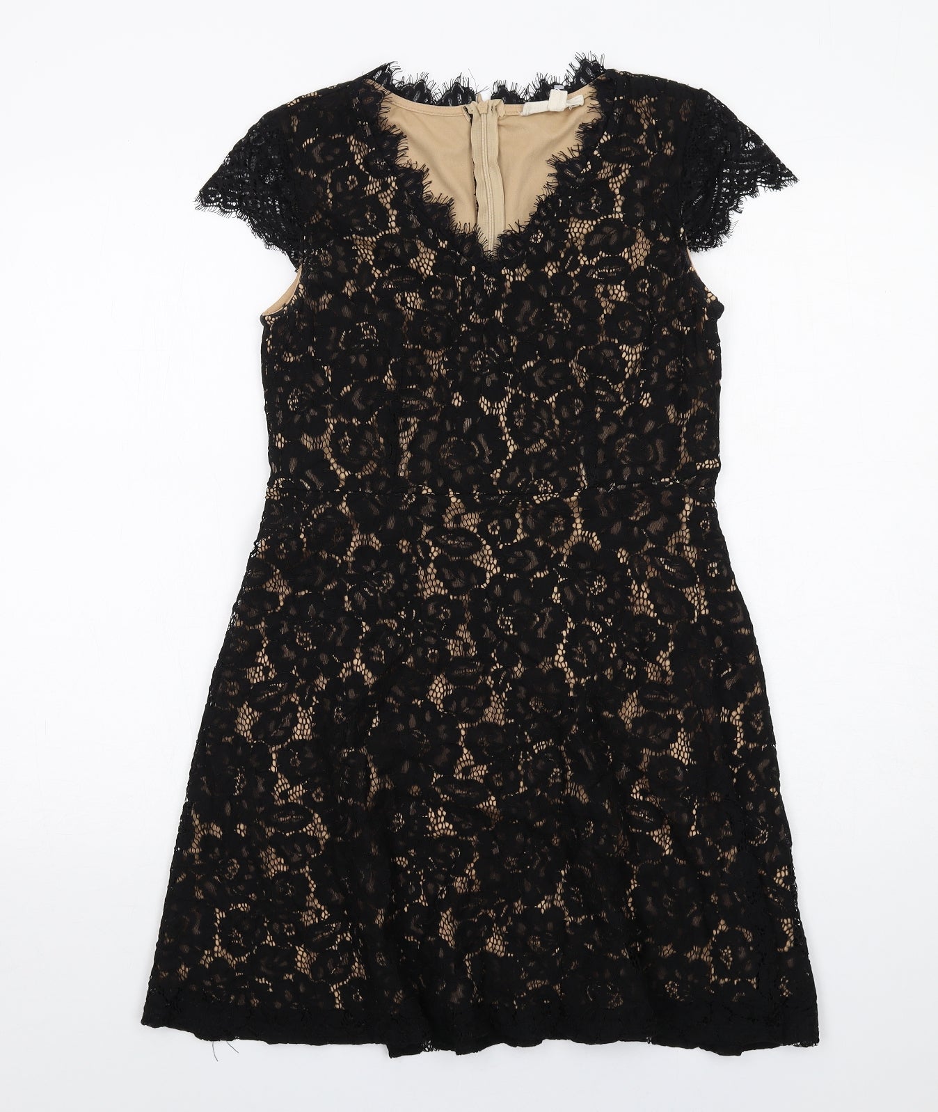 Rebellion Womens Black Floral Cotton A-Line Size M V-Neck Zip