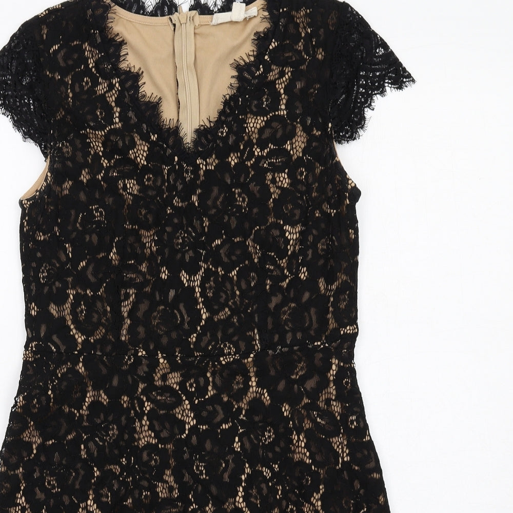 Rebellion Womens Black Floral Cotton A-Line Size M V-Neck Zip