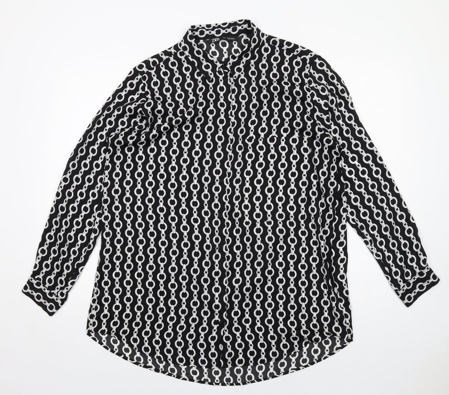 Zara Womens Black Geometric Polyester Basic Button-Up Size XL Collared