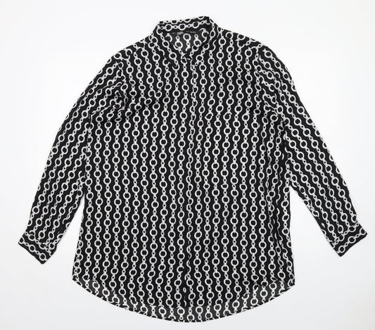 Zara Womens Black Geometric Polyester Basic Button-Up Size XL Collared