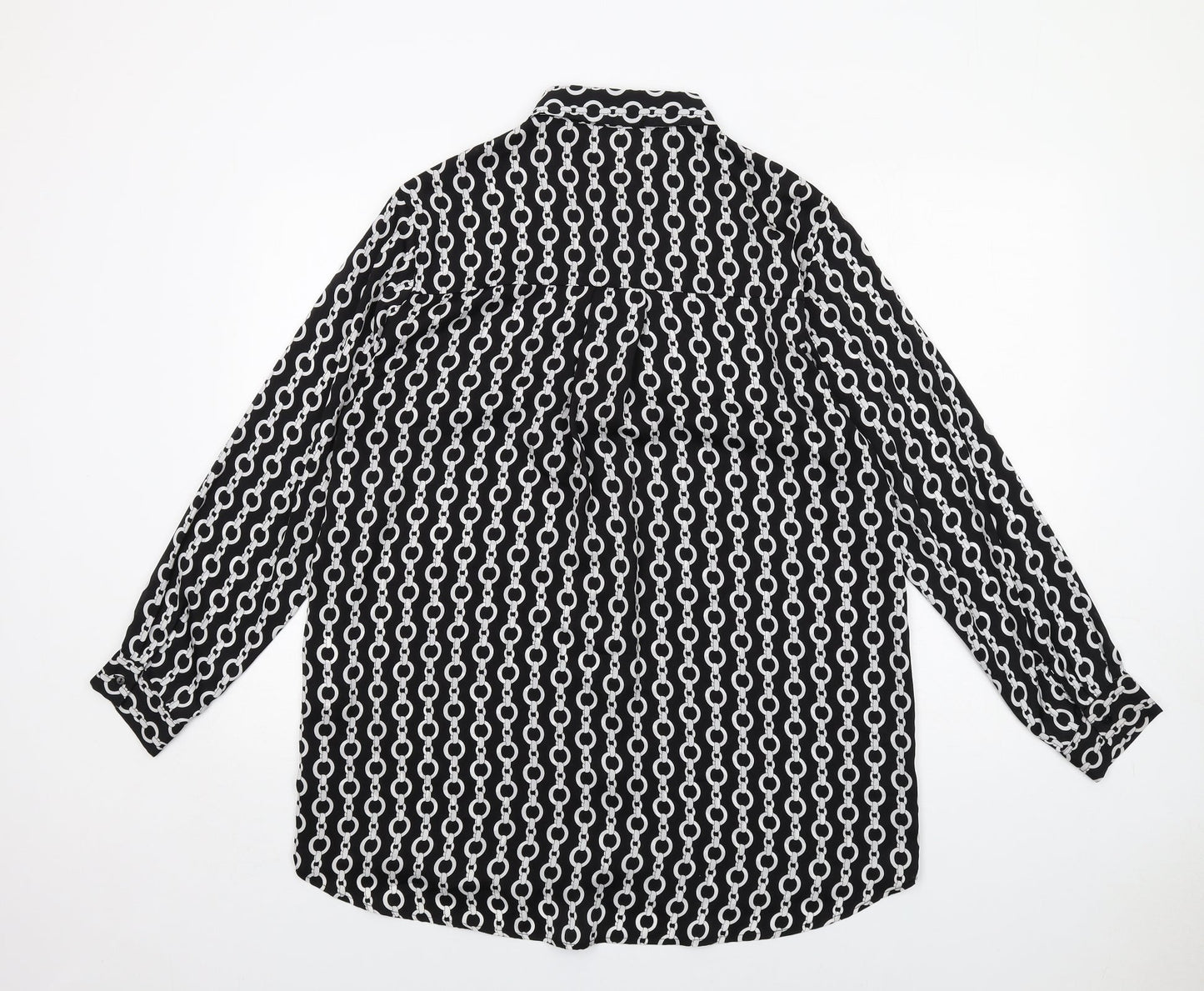 Zara Womens Black Geometric Polyester Basic Button-Up Size XL Collared
