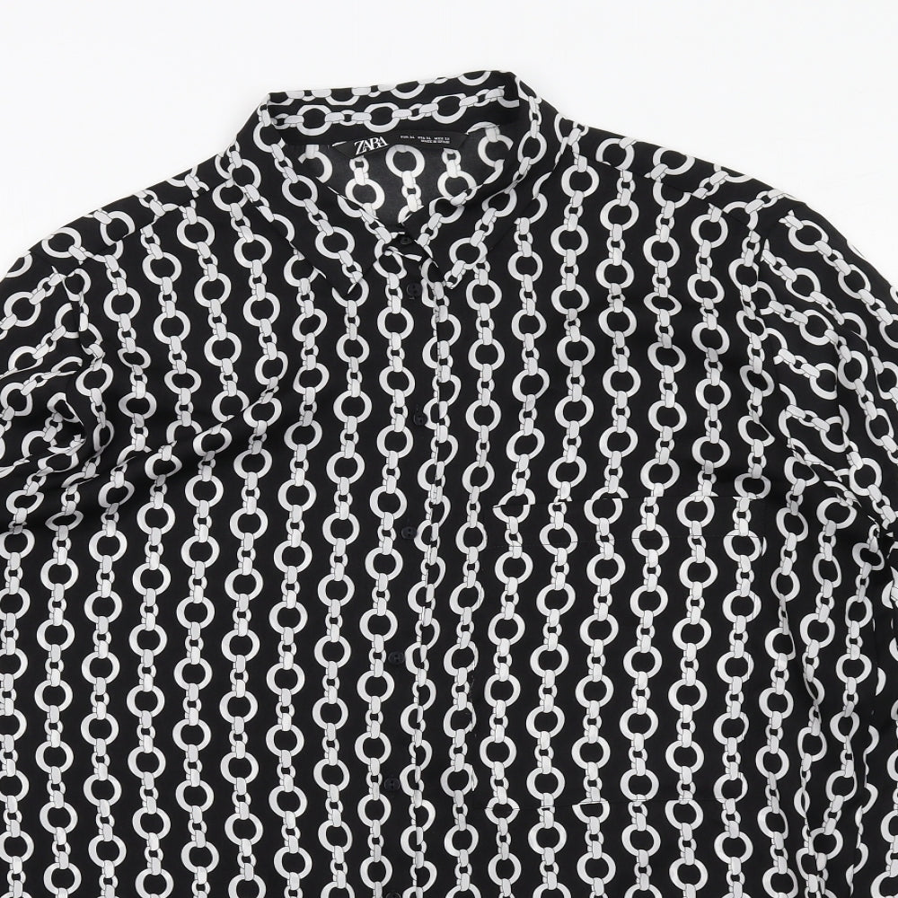 Zara Womens Black Geometric Polyester Basic Button-Up Size XL Collared