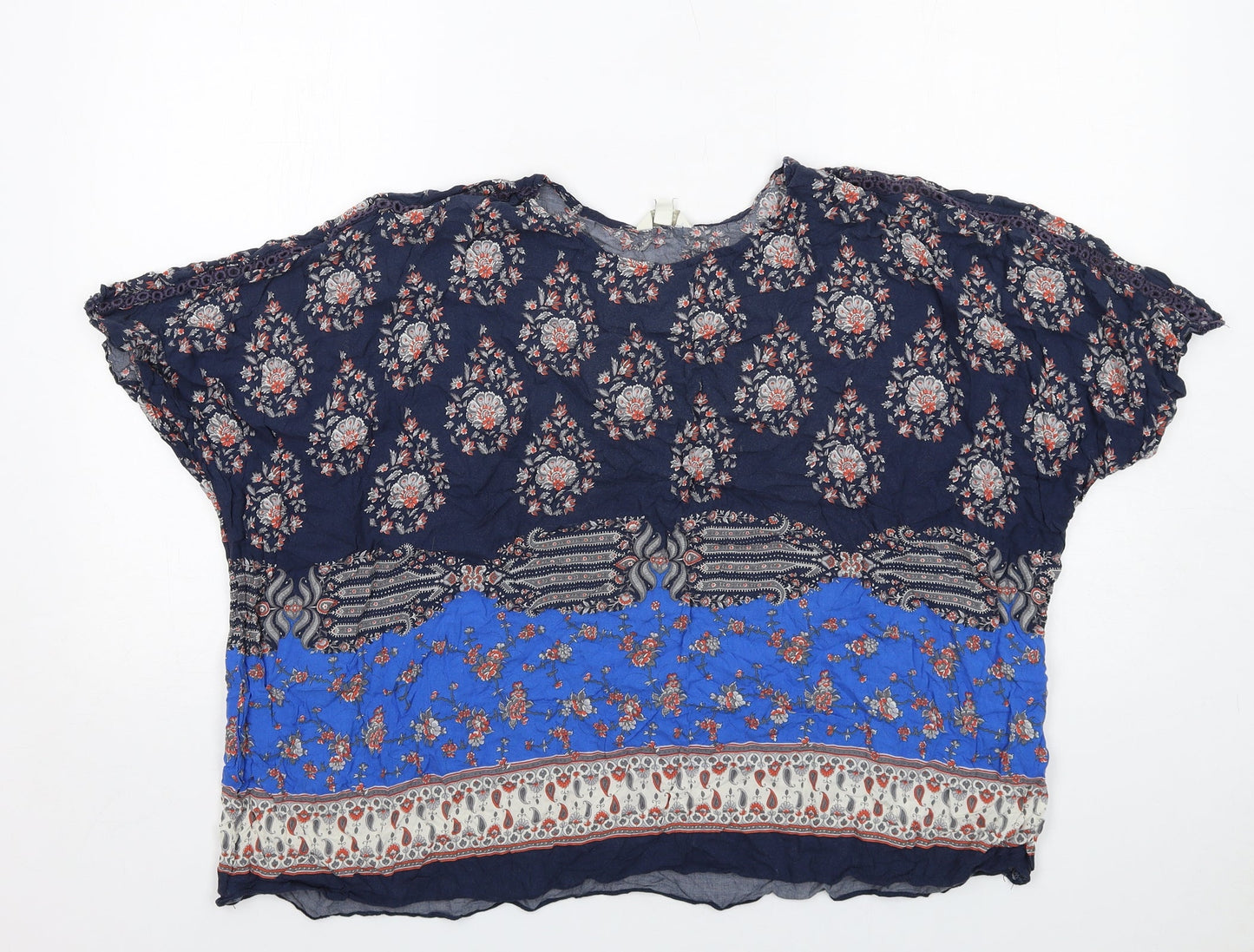 Monsoon Womens Blue Geometric Viscose Basic Blouse Size M Round Neck