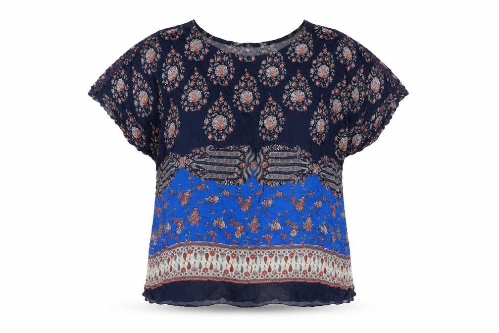 Monsoon Womens Blue Geometric Viscose Basic Blouse Size M Round Neck