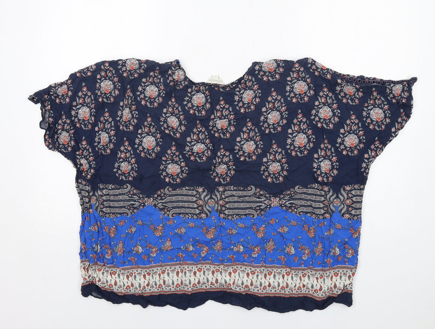 Monsoon Womens Blue Geometric Viscose Basic Blouse Size M Round Neck