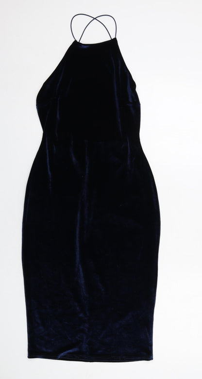Additional front view of Missguided women’s blue polyester bodycon, size UK 10, round neck zip
