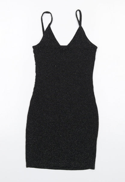 PRETTYLITTLETHING Womens Black Nylon Bodycon Size 4 V-Neck Pullover