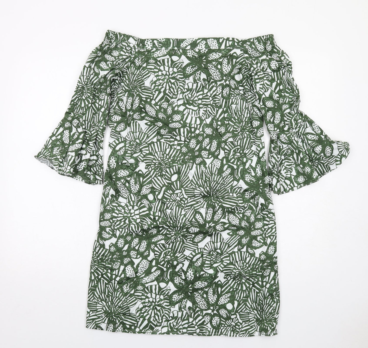 H&M Womens Green Floral Cotton A-Line Size 8 Off the Shoulder Pullover