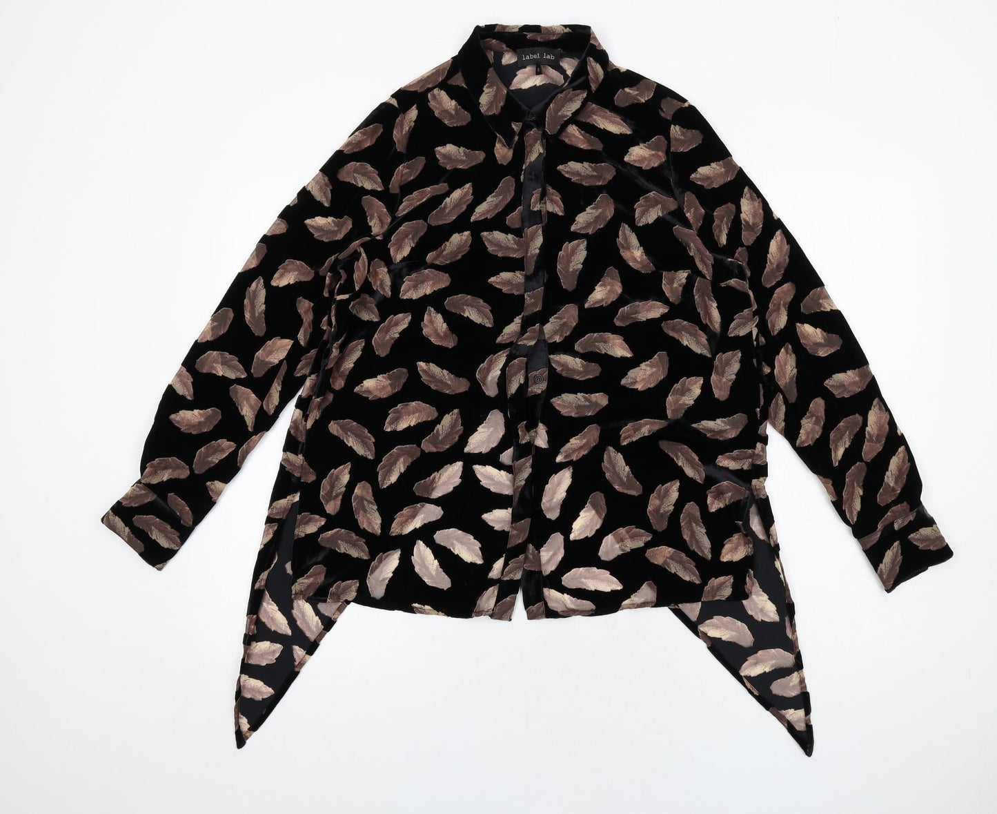 Label Lab Womens Black Geometric Viscose Basic Button-Up Size 8 Collared - Feather Print