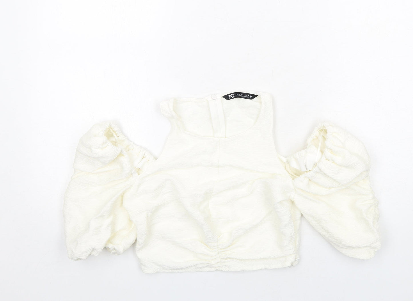 Zara Womens Ivory Viscose Cropped Blouse Size S Round Neck - Cold Shoulder