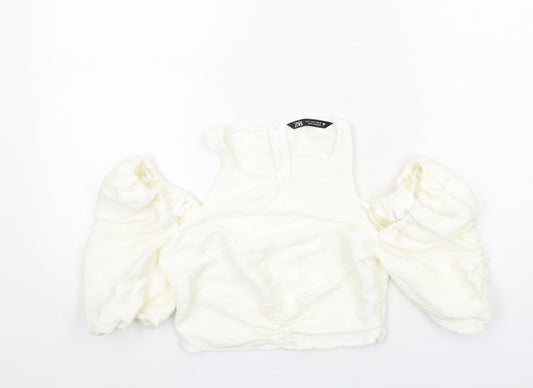 Zara Womens Ivory Viscose Cropped Blouse Size S Round Neck - Cold Shoulder