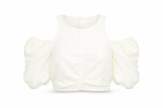 Zara Womens Ivory Viscose Cropped Blouse Size S Round Neck - Cold Shoulder