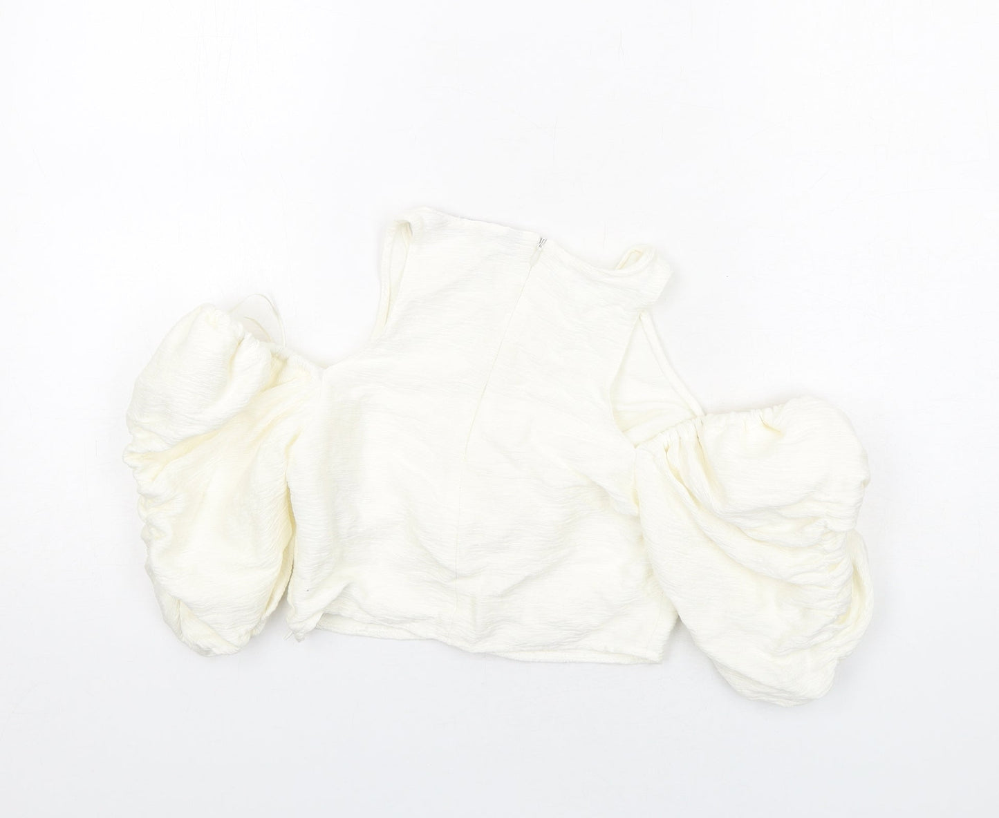 Zara Womens Ivory Viscose Cropped Blouse Size S Round Neck - Cold Shoulder
