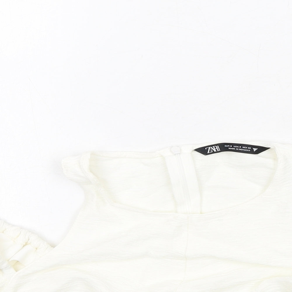 Zara Womens Ivory Viscose Cropped Blouse Size S Round Neck - Cold Shoulder