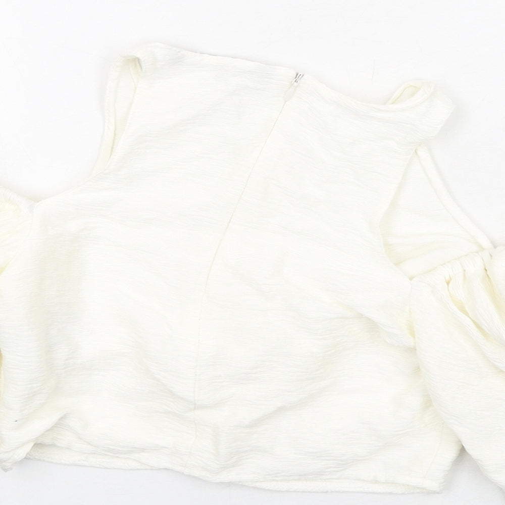 Zara Womens Ivory Viscose Cropped Blouse Size S Round Neck - Cold Shoulder