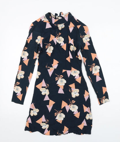 Additional front view of ASOS women’s black geometric viscose a-line, size UK 4, round neck zip