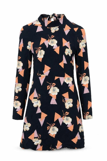 Front view of ASOS women’s black geometric viscose a-line, size UK 4, round neck zip