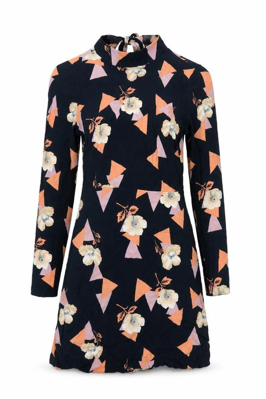 Front view of ASOS women’s black geometric viscose a-line, size UK 4, round neck zip
