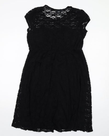 Additional front view of ASOS women’s black floral nylon shift, size UK 14, round neck pullover