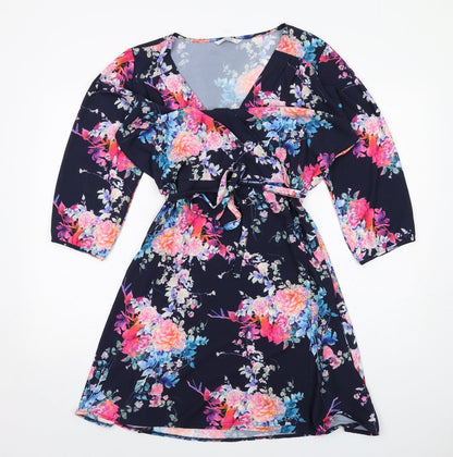 Additional front view of Only women’s blue floral polyester a-line, size UK 14, v-neck pullover