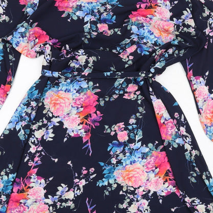 Brand and care label for Only women’s blue floral polyester a-line, size UK 14, v-neck pullover