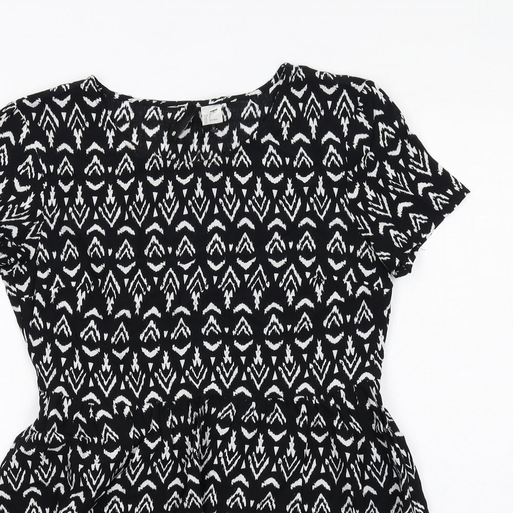 H&M Womens Black Geometric Viscose A-Line Size 8 Round Neck Pullover
