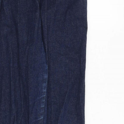 Close-up detail of Denim & Co. women’s blue cotton jegging jeans, size UK 12, regular