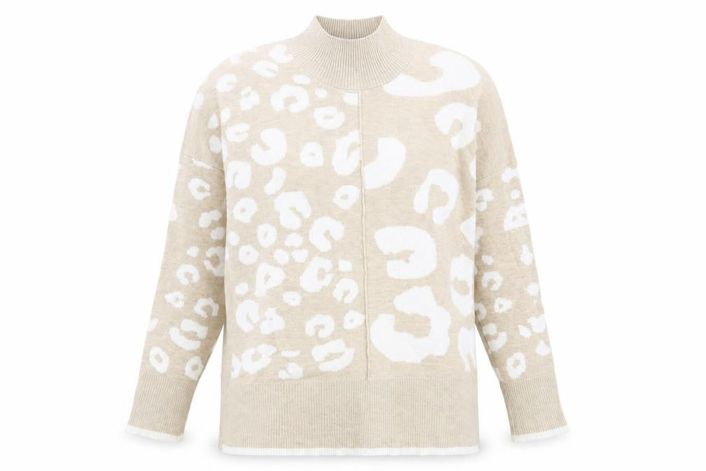 Mud Flowers Womens Beige High Neck Animal Print 100% Cotton Pullover Jumper Size M - Leopard Print
