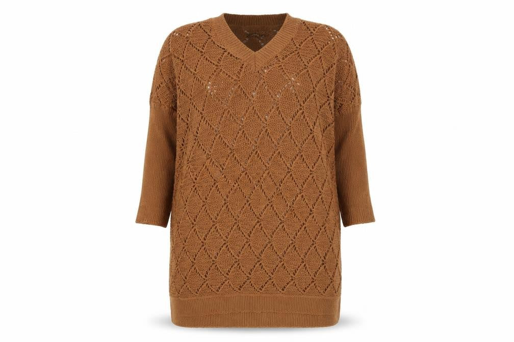 Boohoo Womens Brown Geometric Acrylic Jumper Dress Size XL V-Neck Pullover