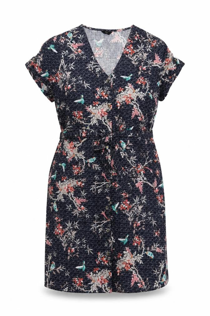 M&Co Womens Blue Floral Viscose A-Line Size 16 V-Neck Button