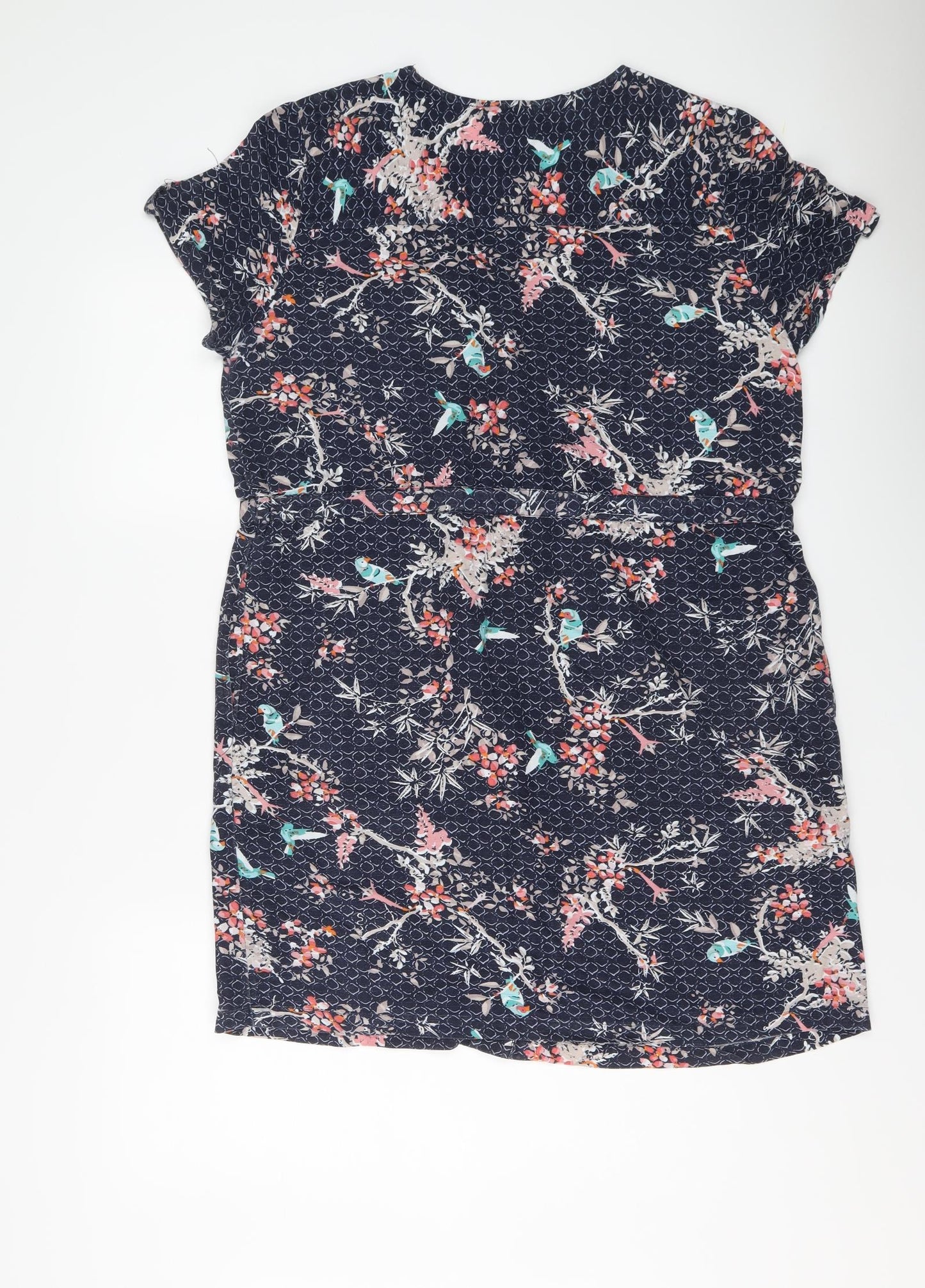 M&Co Womens Blue Floral Viscose A-Line Size 16 V-Neck Button