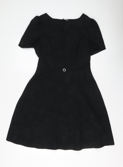 Marks & Spencer Womens Black Geometric Polyester Shift Size 10 Round Neck Zip
